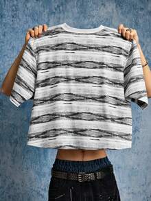 ROMWE MEN Camiseta de hombre con efecto desgastado, a rayas, holgada, de manga 3/4 - Blanco y Negro - Ver 3