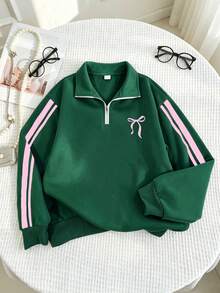 Genkimix Kids Sweatshirt lengan panjang warna hijau tua serbaguna dengan desain ritsleting dan motif pita untuk remaja putri, serta desain lengan warna kontras merah muda untuk musim gugur. - Dark Green - View 5
