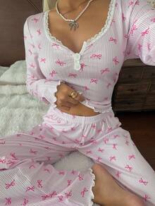 CottageSlumber Pink Bow Print Long Sleeve Long Pants Women's Pajama Set - Pink - View 5