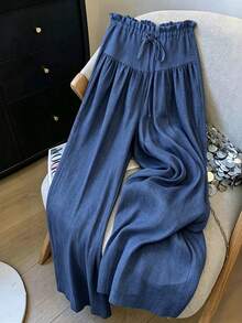INAWLY New Fashion High-Quality Design Elastic Waist Drawstring Wide Leg Elegant Floor-Length Pants Skirt For Women - Navy Blue - View 4