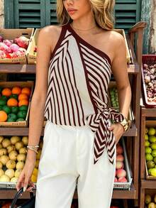 SHEIN PariChic Women's French Elegant Square Scarf Pattern Top, Casual Vacation, Date Brunch, Holiday White And Burgundy Summer - Brown - View 5