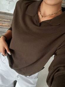 Dazy Plus Solid Color Loose Casual Collared Versatile Brown Autumn/Winter Pullover Sweater - Brown - View 4