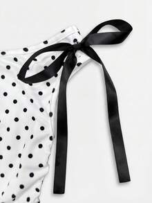 SHEIN Vestido de punto con cuello asimétrico con volantes y lunares elegante para niñas preadolescentes, verano - Blanco - Ver 5