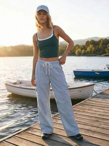 WanderVale Women's Drawstring Waist Casual Versatile Daily Travel Sports Long Pants - Blue - View 4