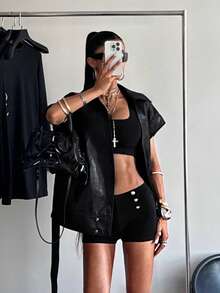 SHEIN HypeZone 女款翻領腰帶式人造皮革背心 - 黑色 - 查看 4
