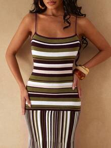 Silquee Women's Striped Colorblock Casual Daily Vacation Cover-Up Camisole Dress - Dark Green - View 5