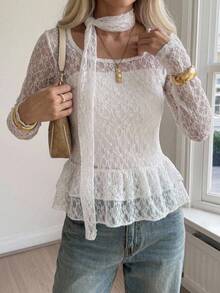 FRIFUL Women's Spring/Summer Solid Color Sheer Lace Long Sleeve Layering Slim Fit Casual Versatile Top - White - View 5