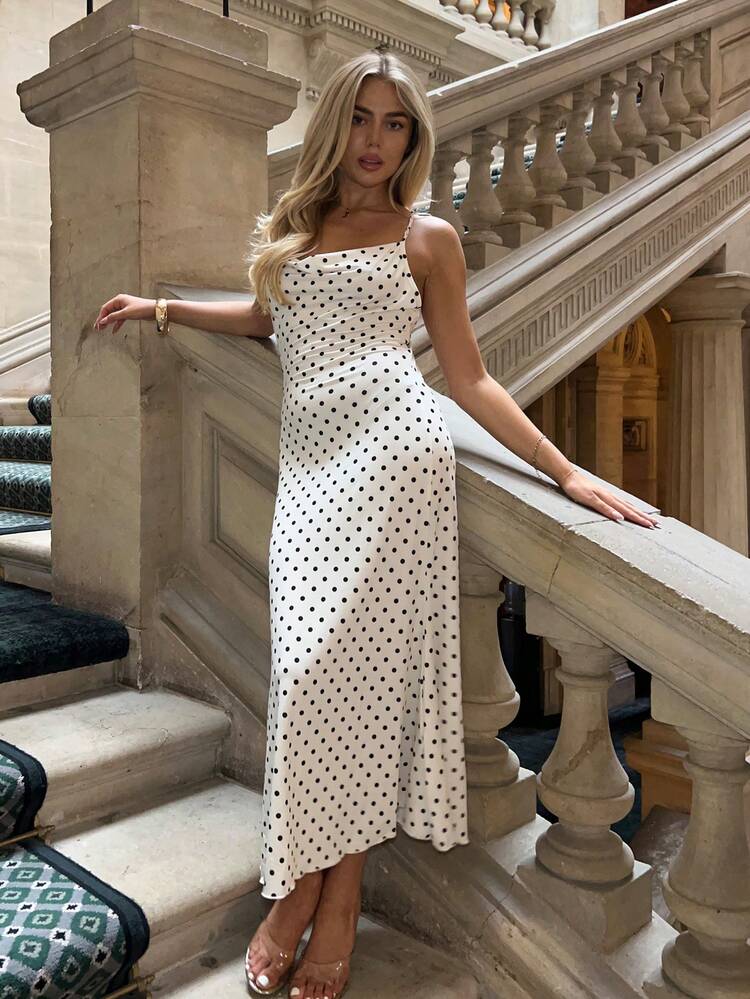 black and white fishtail dress Jassowen With Polka Dots,Summer,Vintage,Vacation Elegant Draped Neck For Women, Wedding Guest,Party,Masquerade Ball Dress Featuring a convenient zip