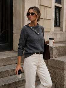 SHEIN Asymmetrical Collar Button-Up Fitted Sweater Set, Autumn/Winter Office Charcoal Gray Elegant Minimalist - Dark Grey - View 6