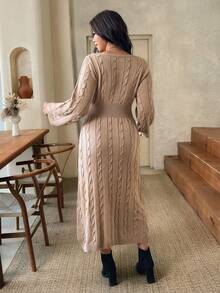 Lounesse Plus Size Women Solid Color V-Neck Casual Business Elegant Daily Knit Dress Fall Formal Date Night Vacation Evening Party Office Wedding Khaki - Khaki - View 8