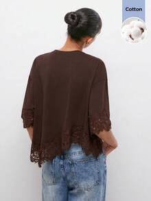 Maija Women's Solid Color Lace Patchwork Asymmetrical Hem T-Shirt - Brown - View 2