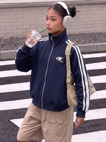 SHEIN 青少年女孩返校季秋冬連帽外套，海軍藍雙側條紋拉鍊夾克，星星圖案立領寬鬆休閒運動衛衣 - 藍色 - 查看 5