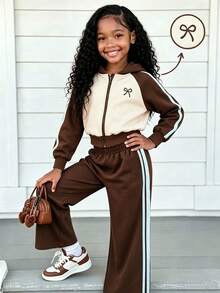 SHEIN Elladie kids 2pcs/Set Girls Colorblock Raglan Hooded Zip-Up Jacket And Wide Leg Sweatpants Beige Brown Bow Graphic Fall Clothes Back To School Clothes Girls - Khaki - View 2