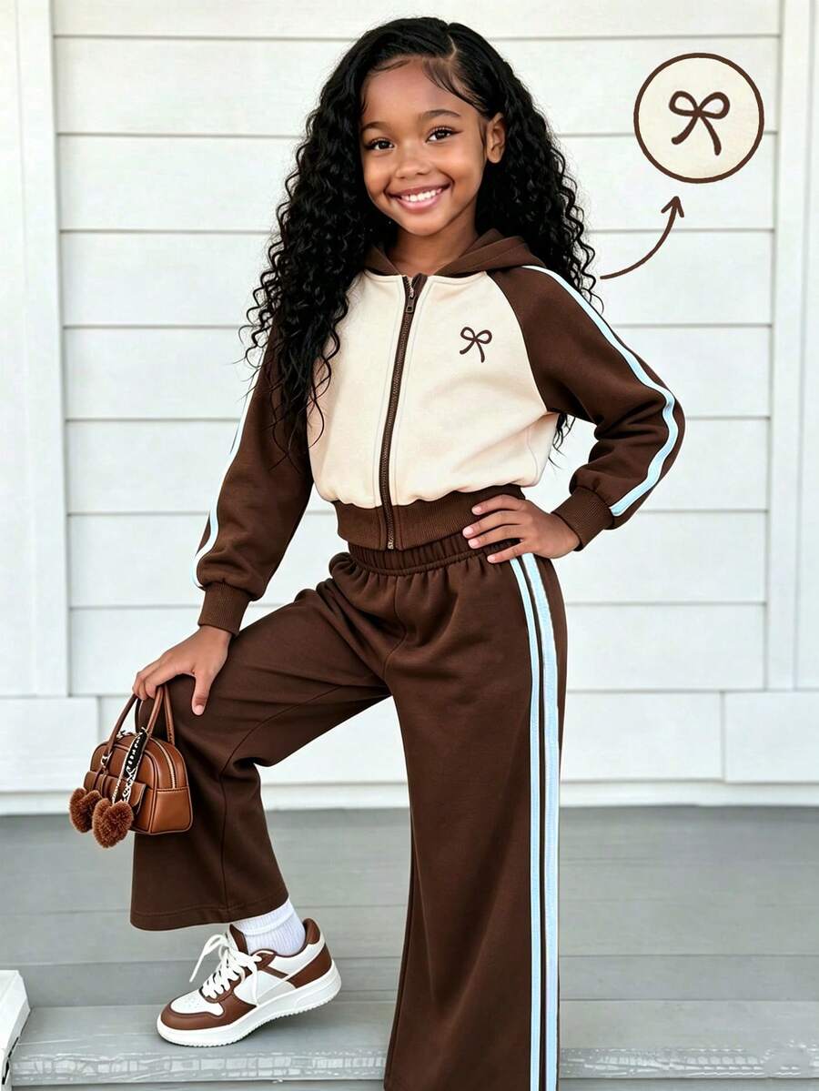 SHEIN Elladie kids 2pcs/Set Girls Colorblock Raglan Hooded Zip-Up Jacket And Wide Leg Sweatpants Beige Brown Bow Graphic Fall Clothes Back To School Clothes Girls