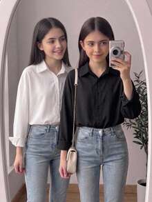 SHEIN Tween Girls Casual Versatile Simple 2pcs Comfortable Solid Color Long Sleeve Single-Breasted Casual Shirt - Black and White - View 2