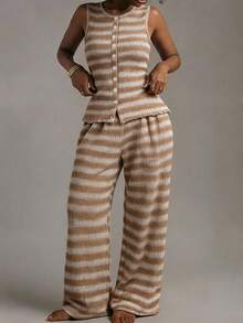 Livesso Women's 2 Pieces Set: Summer/Autumn Round Neck Sleeveless Button Striped Knit Slim Top With Loose Wide Leg Long Pants, Khaki Lounge Sets For Women - Khaki - View 3