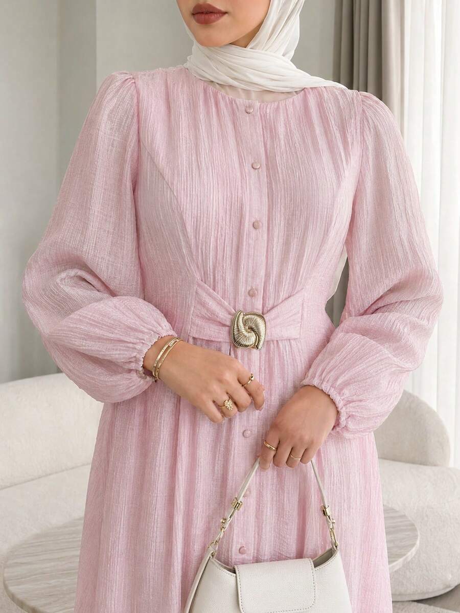 Solavon Gaun Lengan Panjang Ukuran Plus dengan Dekorasi Logam dan Kancing, Modis - Dusty Pink - View 1