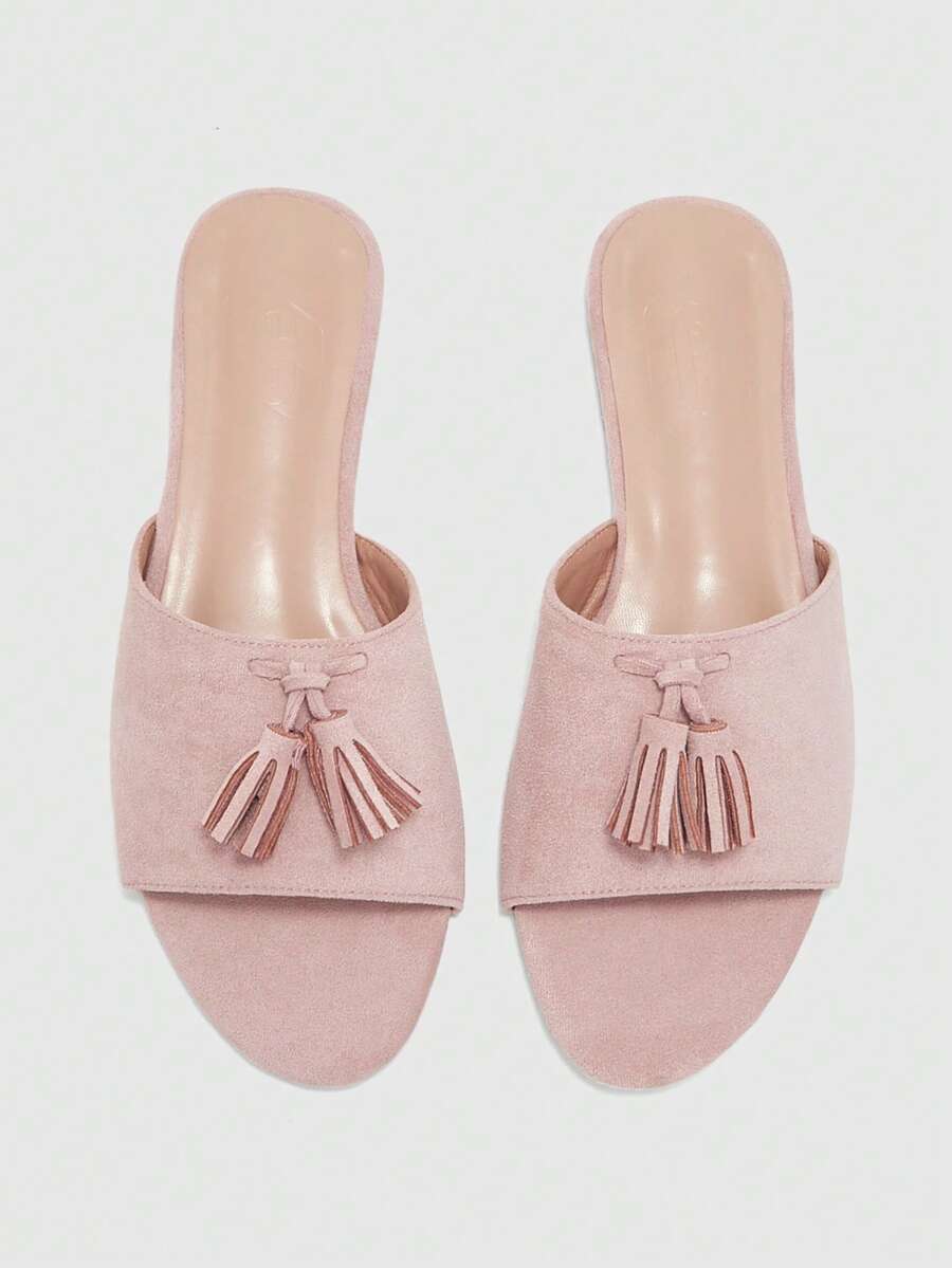 CUCCOO BIZCHIC Women's Shoes, Suede Texture, Classic Flat-Bottomed Fringed Slippers, Comfortable And Versatile In Summer, Suitable For Commuting Office Wear - Light powder 02 - View 1