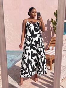 SHEIN Lady CURVE 大尺碼女款全印花休閒日常夏季旅行細肩帶洋裝 - 黑與白 - 查看 4