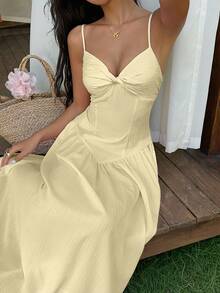 Sunnyshic Women's Solid Color Knot Design Elegant Spaghetti Strap Dress - Light Yellow - View 1
