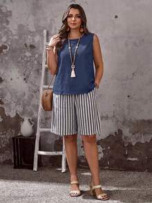 EMERY ROSE Conjunto de 2 piezas casual minimalista con estampado de rayas azules talla grande - Multicolor - Ver 4
