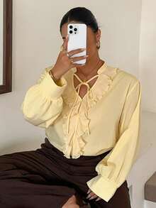 Dazy Plus Yellow Chiffon Blouse With Lace Ruffle Patchwork, Elegant Commuter Style With Tie-Up Detail, Spring/Autumn Shirt - Yellow - View 5