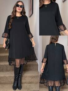Comfylo Plus Size French Elegant Mesh Patchwork Round Neck Dress For Vacation Fall Work Dress Back To School Going Out Outfits Black Dress - Black - View 2