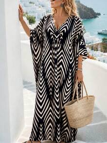 Ceyna Plus Size V-Neck Zebra Print Batwing Sleeve Relaxed Boho Robe, Vacation Style Beach Vacation Vacation Vacation Black And White Autumn Fall - Black - View 1