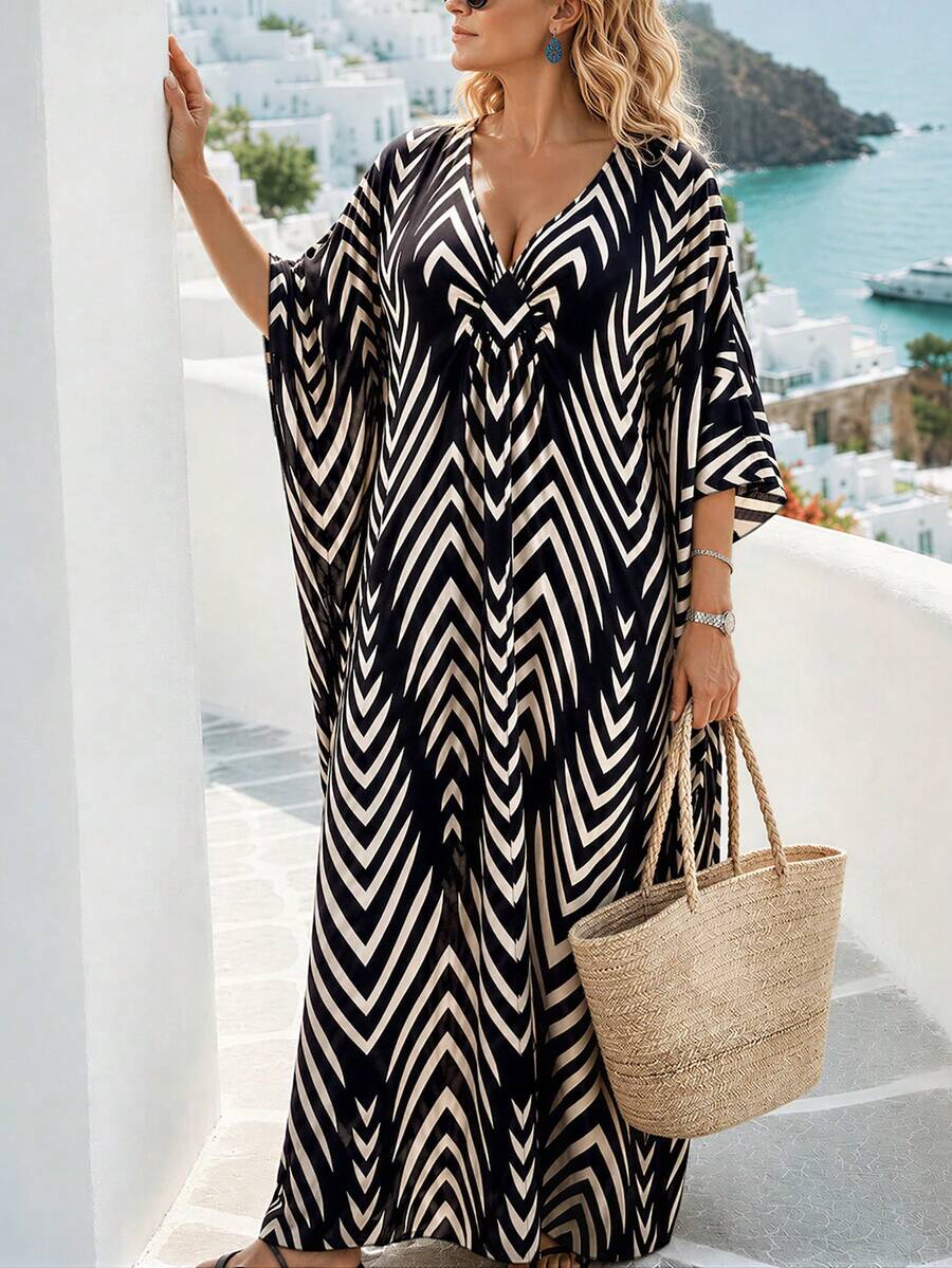 Ceyna Plus Size V-Neck Zebra Print Batwing Sleeve Relaxed Boho Robe, Vacation Style Beach Vacation Vacation Vacation Black And White Autumn Fall - Black - View 1