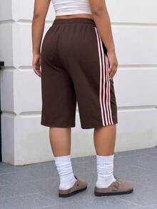 Muchica Plus Size Women's Fashion Striped Colorblock Drawstring Waist Knee Length Shorts Streetwear - Brown - View 2
