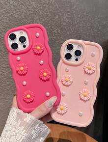 Casing Ponsel Tepi Gelombang Bunga Daisy Mutiara Kompatibel dengan iPhone 17 Pro Max, Lucu, Feminin, Lembut, TPU, Bumper, Tahan Guncangan, Pas Ramping, Pelindung - Berwarna merah muda - View 2