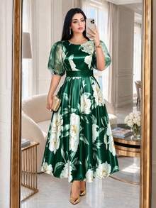 SHEIN Lady CURVE Plus Size Round Neck Raglan Petal Sleeve Summer Elegant Floral Print Dress Olive Green Birthday Evening Wedding Evening Evening Bride Vacation - Green - View 8