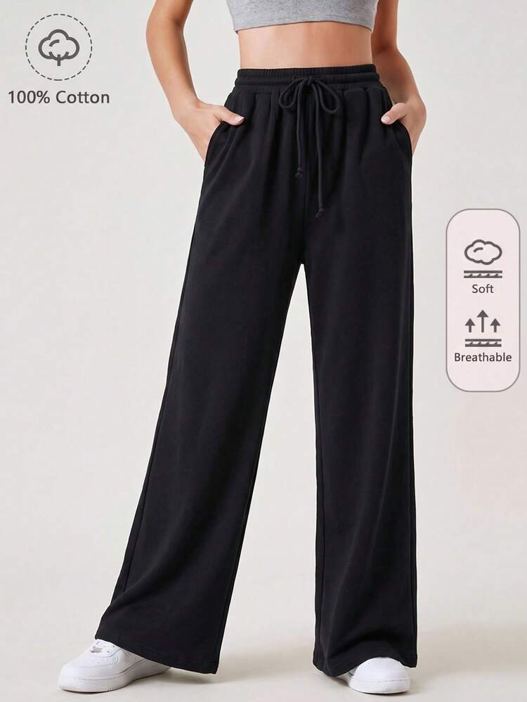 SHEIN BASICS Women's Solid Color Drawstring Waist Casual Versatile Daily Wear Sweatpants - Khaki - View 7