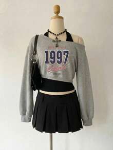 SHEIN MOD 女款字母與數字印花 2 合 1 拼接休閒日常掛脖衛衣 - 彩色 - 查看 3