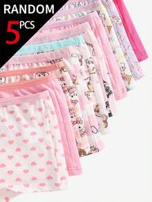 SHEIN [5 Sets Random] Girls Toddler Stylish Underwear,Soft Cotton Cartoon Rabbit Pattern Heart Graphics Striped Designs Light Pink White Purple Boxer Briefs - Multicolor - View 3