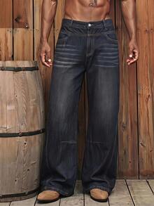 AXEPEAK Celana Jeans Denim Pria Kasual Biru Vintage Model Flare dengan Kantong - Biru - View 1