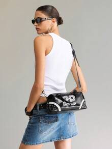Viva Strut Ladies Bag, Spice Girl Style, Sweet Cool Girl Y2K Punk Style, Digital Embroidery Decoration, Lace Decorative Rivets, Pillow Bag, Slanted Shoulder Bag, - Black - View 8