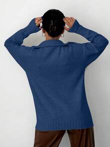 EURMUSE Solid Color Drop Shoulder Half-placket Sweater - Navy Blue - View 2