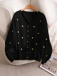 CosyJoli Women's Plus Size Heart Embroidery Basic Cardigan - Black - View 4