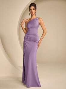 Coutiva Women's Rhinestone Embellished Pleated One-Shoulder Slit Design Elegant Cinched Waist Party Bridesmaid Dress - Lilac Purple - View 3