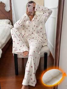 DAZY Winter Cute Bow & Bear Pattern All-Over Print Plush Women's Pajama Set Fall - Blue - View 7