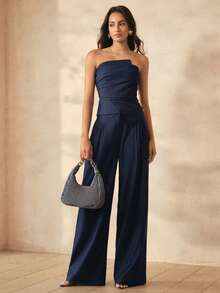 Anewsta Celana Panjang Wanita Modern Urban, Kasual, Elegan, Chic, Bisnis, Profesional, Serbaguna, Pinggang Tinggi, Model Drape, Warna Biru Dongker, Cocok untuk Musim Gugur/Dingin - Dark Wash - View 1