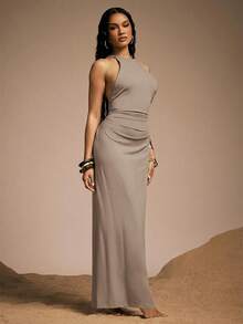 Hauture Women's Sexy High Neck Backless Maxi Dress With Bamboo Ring And Wooden Bead Decor - Grey - View 4