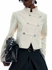 LYSMO Women's Solid Color Button Front Long Sleeve Blazer - Black - View 6
