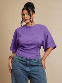 SHEIN BAE Plus Size Women's Solid Color Ruched Fitted Versatile Casual T-Shirt Fall - Purple - View 8