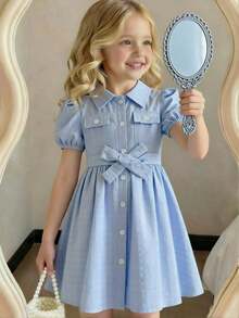 SHEIN Elladie kids Cô Gái Trẻ Kẻ sọc Ống tay áo Đầm Với thắt lưng - Màu xanh lam - Xem 5