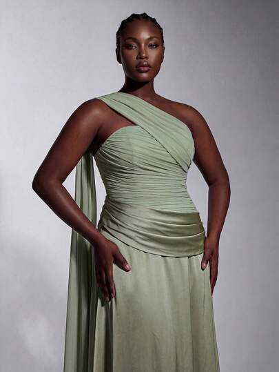 Elitara Plus Size Elegant Romantic Fashion Sexy Green Elastic Mesh Fabric Satin Patchwork Cup A-Line Pleated Decor Elegant Party Dress Wedding Guest Dress Bachelorette Party Dress Formal Evening Gown Bridesmaid Dress
