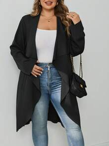 SHEIN CURVE+ Cardigan Kerah Air Terjun Hitam Ukuran Besar - Hitam - View 5