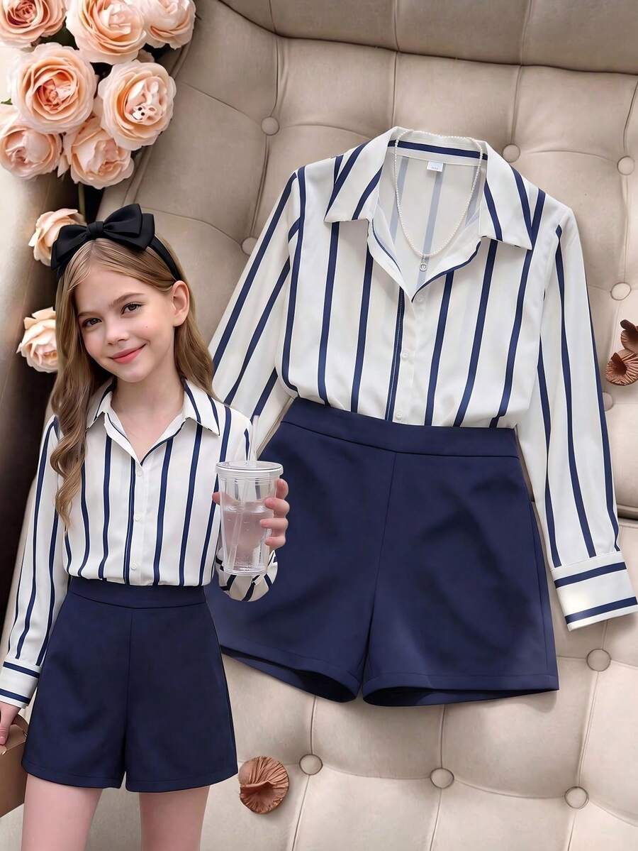 SHEIN 2pcs/Set Tween Girl Spring/Autumn Back To School Elegant Woven Striped Print Long Sleeve Button-Up Collar Shirt And Minimalist Versatile Shorts Casual - Navy Blue - View 1