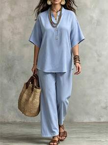 SHEIN LUNE CURVE Plus Size Woven Casual Shirt & Pants 2 Pieces Set, Vacation Autumn - Blue - View 1